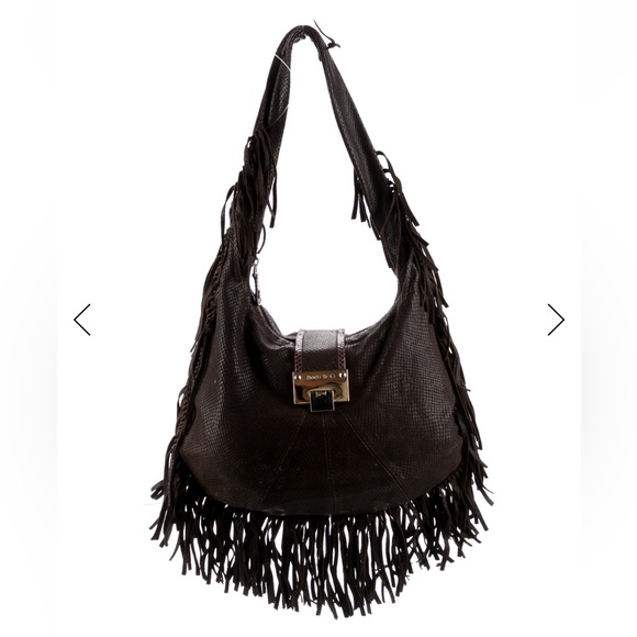Jimmy Choo Fringed Brown fringe snake print leather Hobo Bag pb/br #175 - Picture 1 of 11